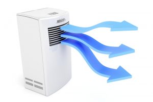 portable ac unit with icon of air flowing out of it, on white background