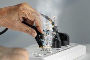 Elderly hand with electrical outlet spark,