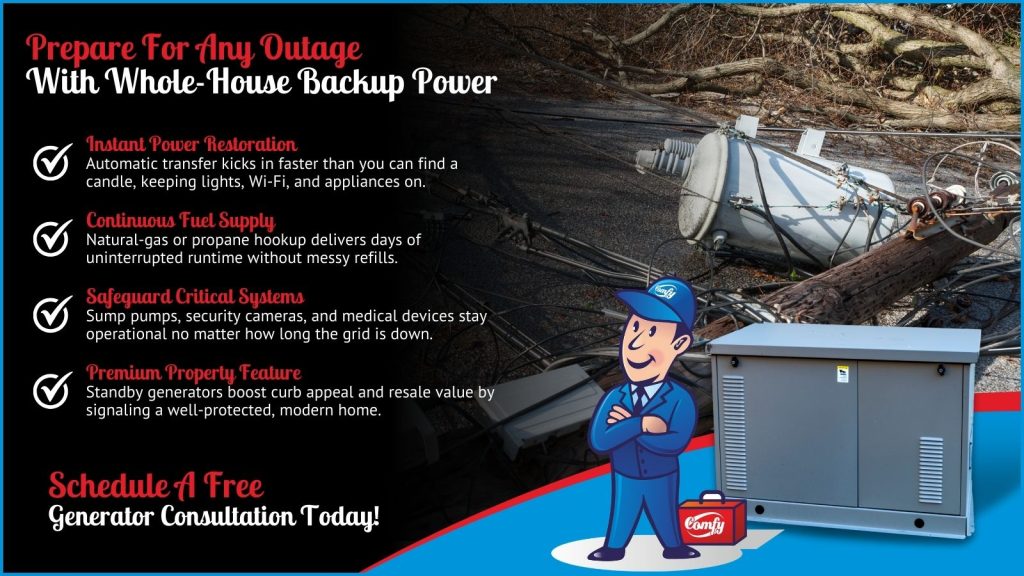 This is an image of a down powerline with a whole Home generator in front of it. The headline reads prepare for any outage with a whole house back up power.