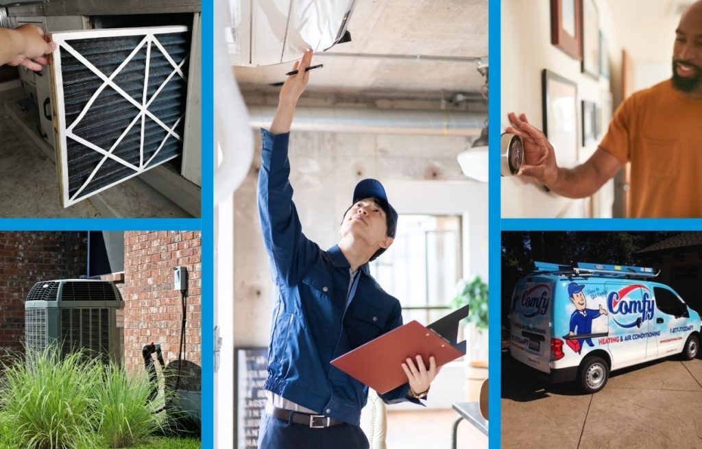 This is a collage of images, an air filter, ac unit, HVAC tech, a thermostat being adjusted, a Comfy HVAC van.