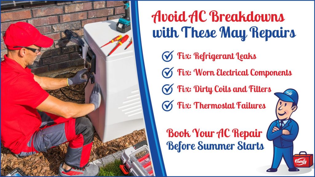 This is an image of an HVAC technician fixing an AC unit. The headline reads avoid AC breakdowns with these repairs.