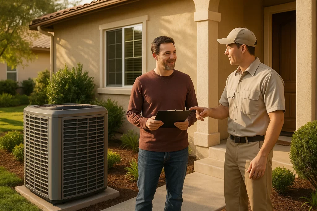 San Ramon homeowner reviewing AC installation with technician