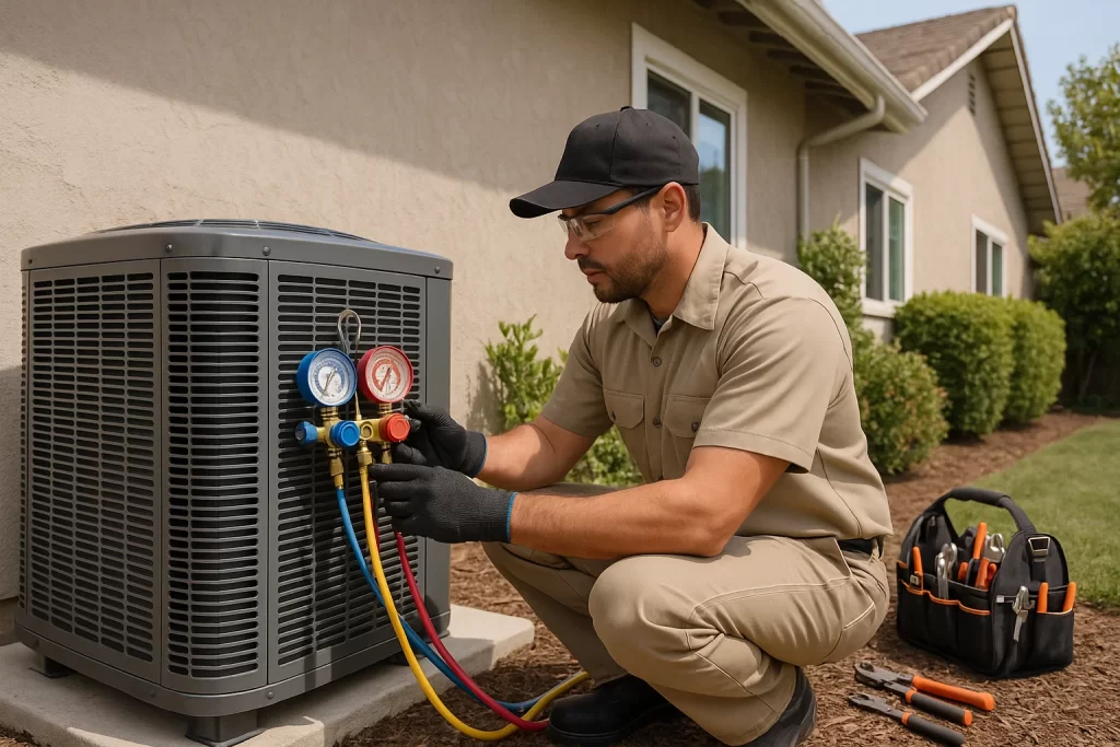 Technician services a central air conditioning condenser outside a Bay Area home