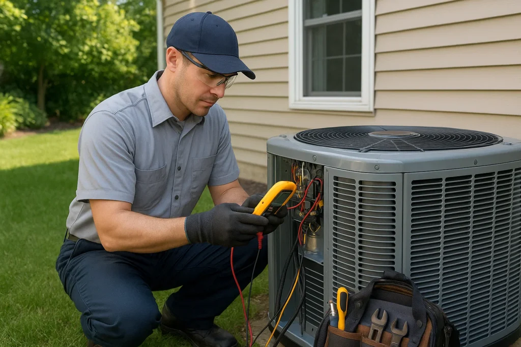 Technician uses multimeter to inspect AC condenser unit during summer maintenance