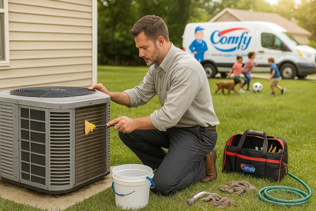 Technician cleaning outdoor AC condenser coils during end-of-summer maintenance