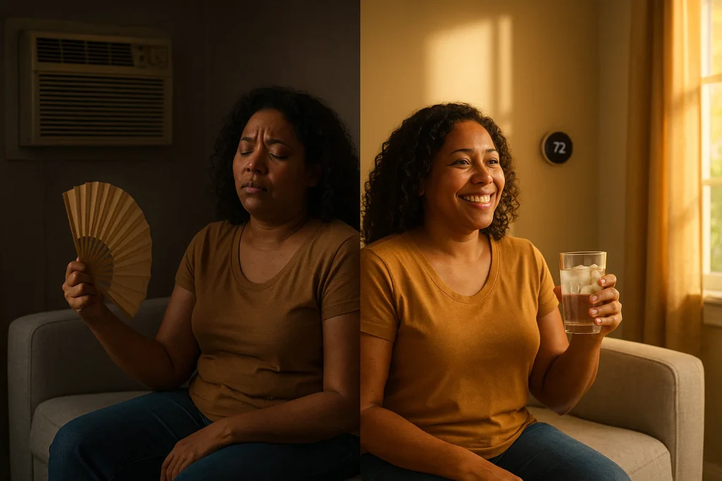 Split-scene showing overheated East Bay homeowner with failing AC versus cool comfort after system upgrade