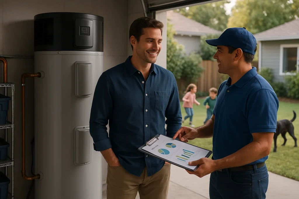 Homeowner and technician review energy savings beside newly installed heat pump water heater in Bay Area garage