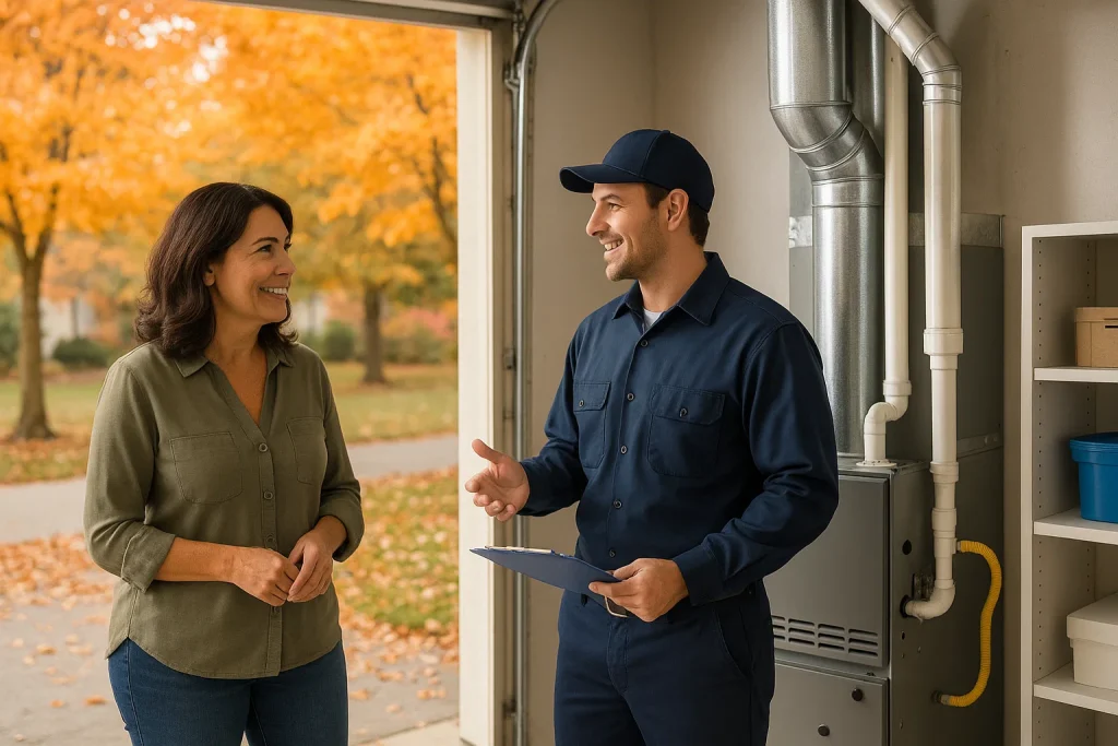 San Ramon homeowner discusses fall heater installation with HVAC technician in garage