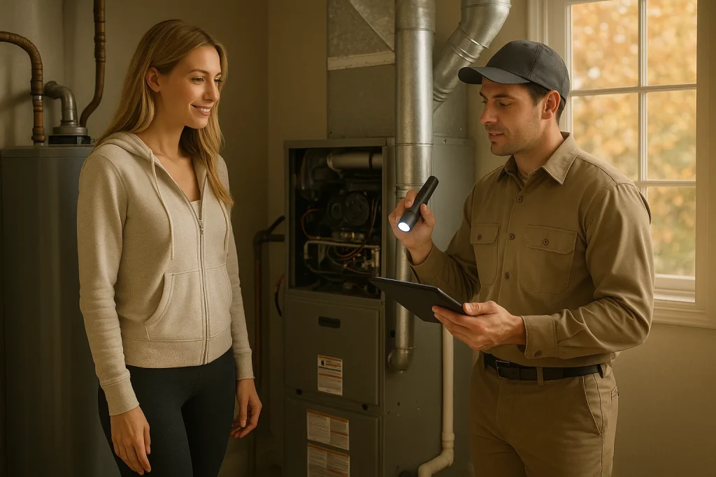 Homeowner discusses October furnace maintenance with technician in San Ramon home